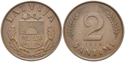 ЛАТВИЯ 2 САНТИМА 1939 ПЕРВАЯ РЕСПУБЛИКА (1918-1939) KM 11.2 бронза 119-144