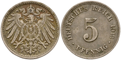 Германия 5 пфеннигов 1913 D J.12, KM 11 медно-никель    4598-1147