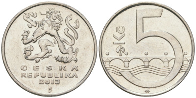 Чехия 5 крон 2013 b’, чешский лев, Карлов мост KM 8 сталь плакированная никелем aUNC 4592-747