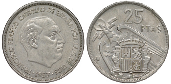 ИСПАНИЯ 25 ПЕСЕТ 1957 (69) ФРАНСИСКО ФРАНКО ДИКТАТОР ИСПАНИИ (1939-1975) KM 787 медно-никель 62-1122