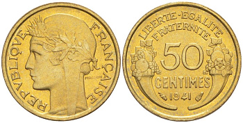 ФРАНЦИЯ 50 САНТИМОВ 1941 ТИП MORLON KM 894.1, LE FRANC 192.18 алюминиевая бронза 44-514