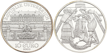 Австрия 10 евро 2003 дворец Шлосс Хоф, крестьяне, в оригинальной коробке с сертификатом KM 3103 серебро PROOF 1-5-2-17