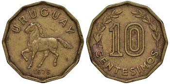 Уругвай 10 сентесимо 1976 KM 66 алюминиевая бронза 4164-715