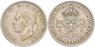 Великобритания 2 шиллинга (флорин) 1947 Георг VI (1936-1952) KM 865, Spink 4102 медно-никель 189-536