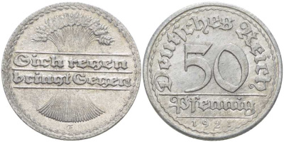 ГЕРМАНИЯ 50 ПФЕННИГОВ 1921 G KM 27, J. 301, Weege 10 алюминий 261-737