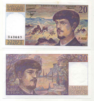 ФРАНЦИЯ 20 ФРАНКОВ 1987 Pick 151b бумага UNC (ПРЕСС) 8589-16-2-2