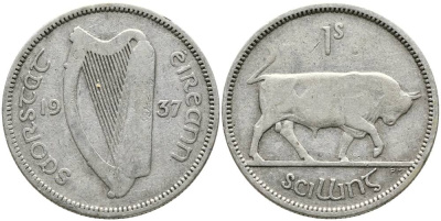 ИРЛАНДИЯ 1 ШИЛЛИНГ 1937 БЫК, ПРОБА 750, ДИАМЕТР 23,6 ММ., ТИРАЖ 100000 ЭКЗ. KM 6 серебро 272-113