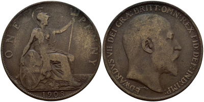 Великобритания 1 пенни 1908 Эдуард VII (1901-1910) KM 794.2, Spink 3990 бронза 75-343