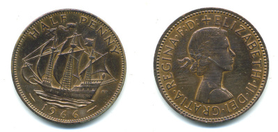 Великобритания 1/2 пенни 1966 Елизавета II (1952-2022) KM 896, Spink 4158 бронза 59-915