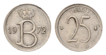 Бельгия 25 сантимов 1972 Belgique, Бодуэн I (1951-1993) KM 153 медно-никель 4685-621