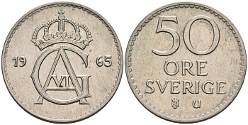 Швеция 50 эре 1965 U, Густав VI Адольф (1950-1973) KM 837 медно-никель 4571-612