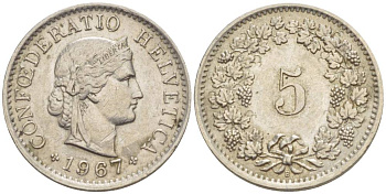 ШВЕЙЦАРИЯ 5 РАППЕНОВ 1967 В KM 26 медно-никель 4532-957