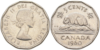 Канада 5 центов 1960 Елизавета II, бобёр KM 50а никель 219-953
