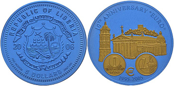 Либерия 5 долларов 2005 10 лет евро, страны не присоединившиеся к еврозоне, Литва, монеты с сертификатом, би-колор (два цвета), вес 7,78 гр., диаметр 35 мм.  ниобий  UNC  1080-10-63