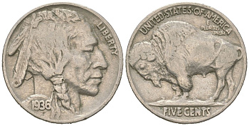 США 5 центов 1936 индеец, бизон KM 134 медно-никель 4614-1231