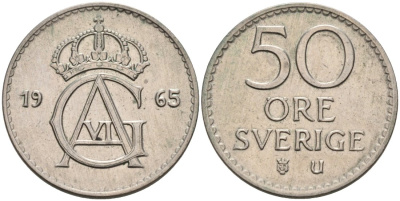 Швеция 50 эре 1965 U, Густав VI Адольф (1950-1973) KM 837 медно-никель 4571-612