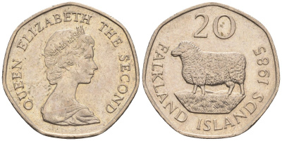 Фолклендские острова 20 пенсов 1985 Елизавета II (1952-2022), овца Ромни-марш KM 17 медно-никель 87-141