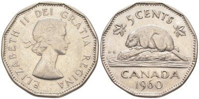 Канада 5 центов 1960 Елизавета II, бобёр KM 50а никель 219-953