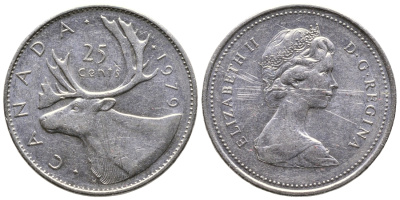 КАНАДА 25 ЦЕНТОВ 1979 ОЛЕНЬ, ЕЛИЗАВЕТА II KM 74 никель 4364-2057