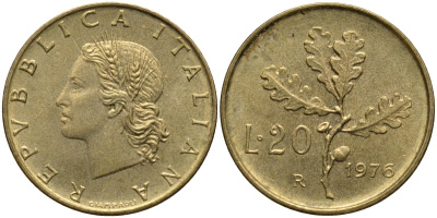 Италия 20 лир 1976 R, дубовая ветвь KM 97.2 алюминиевая бронза 4171-925
