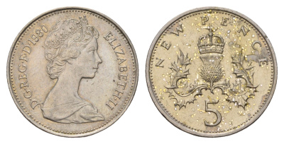 Великобритания 5 пенсов 1980 Елизавета II (1952-2022) KM 911, Spink 4233 (D1) медно-никель 186-545
