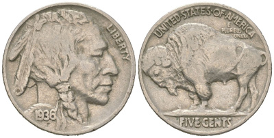США 5 центов 1936 индеец, бизон KM 134 медно-никель 4614-1231