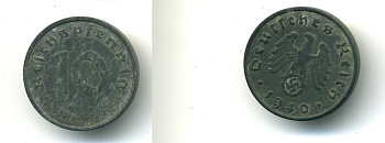 ГЕРМАНИЯ 10 РЕЙХСПФЕННИГОВ 1940 A, KM 101, J. 371 цинк 54-659