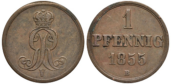 Ганновер 1 пфенниг 1855 B, Георг V KM 221, AKS 155, J. 83 медь 4594-237