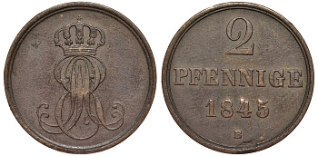 Ганновер 2 пфеннига 1845 B, Эрнст Август (1837-1851) KM 202.1, AKS 124, J. 75 медь 75-1824