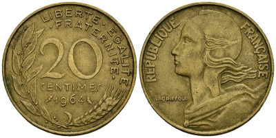 Франция 20 сантимов 1964 тип Marianne KM 930 алюминиевая бронза 4167-544