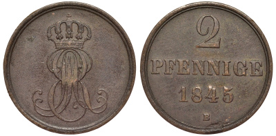Ганновер 2 пфеннига 1845 B, Эрнст Август (1837-1851) KM 202.1, AKS 124, J. 75 медь 75-1824