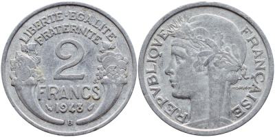 Франция 2 франка 1948 В KM 886а.2 алюминий 4397-752