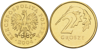 Польша 2 гроша 2004 MW KM 277, Parchimowicz 702k латунь UNC 02-264-23