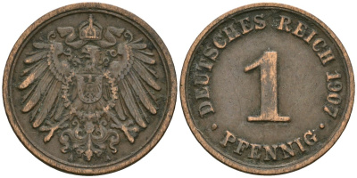 Германия 1 пфенниг 1907 A, Вильгельм II (1888-1918) KM 10, J. 10 медь 4608-113