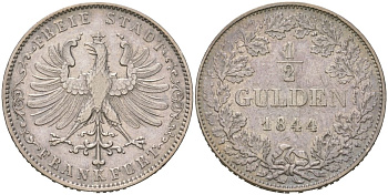 Франкфурт 1/2 гульдена 1844 KM 330, AKS 16, J g 6 FHI 26 серебро 4584-1121