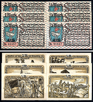 Штраусберг (Пруссия, Бранденбург) полный набор из 6 нотгельдов (1/2 (50 пфеннигов), 1 и 2 марки) 1921 Mehl Grabowski 1281.1 бумага UNC (пресс) 7556-53-1-2