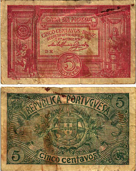 Португалия 5 сентаво бронзовых 1918 Casa da Moeda, красная Pick 98 бумага 7222-49-1-1