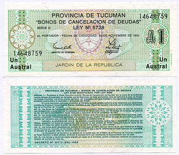 Аргентина, провинция Тукуман 1 аустраль 1991 Pick S 2711b бумага UNC (пресс) 8611-43-3-2
