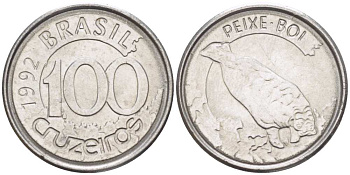 БРАЗИЛИЯ 100 КРУЗЕЙРО 1992 РЕФОРМА 1990-1993, ЛАМАНТИН KM 623 нержавеющая сталь 4387-1064
