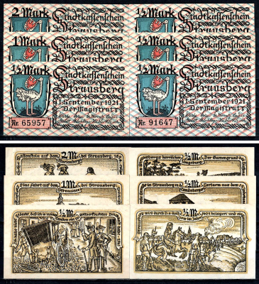 Штраусберг (Пруссия, Бранденбург) полный набор из 6 нотгельдов (1/2 (50 пфеннигов), 1 и 2 марки) 1921 Mehl Grabowski 1281.1 бумага UNC (пресс) 7556-53-1-2