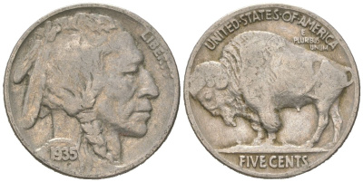 США 5 центов 1935 индеец, бизон KM 134 медно-никель 4614-1164