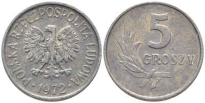 ПОЛЬША 5 ГРОШЕЙ 1972 MW KM А46 алюминий 112-368