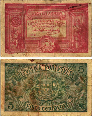 Португалия 5 сентаво бронзовых 1918 Casa da Moeda, красная Pick 98 бумага 7222-49-1-1