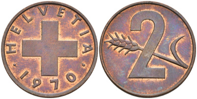 Швейцария 2 раппена 1970 KM 47 бронза 4592-657