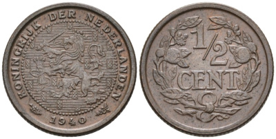 Нидерланды 1/2 цента 1940 Вильгельмина (1890-1948) KM 138 бронза 4576-134