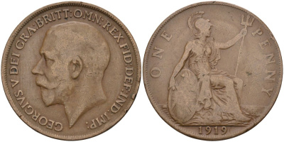 Великобритания 1 пенни 1919 Георг V (1910-1936) KM 810, Spink 4051 бронза 4117-812