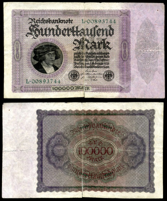 Германия 100000 марок 1923 1 февраля 1923, серия L, номер восьмизначный Pick 83, Розенберг 82а бумага 8618-47-1-1