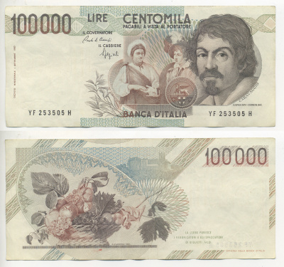 Италия 100000 лир 1983 Караваджо, фруктовый букет, подпись Speziali Pick 110b бумага 7220-22-2
