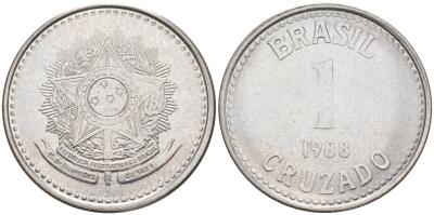 Бразилия 1 крузадо 1988 KM 605 нержавеющая сталь 219-435