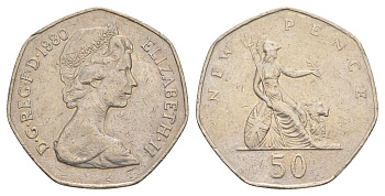 Великобритания 50 пенсов 1980 Елизавета II (1952-2022) KM 913, Spink 4223 медно-никель 4634-625